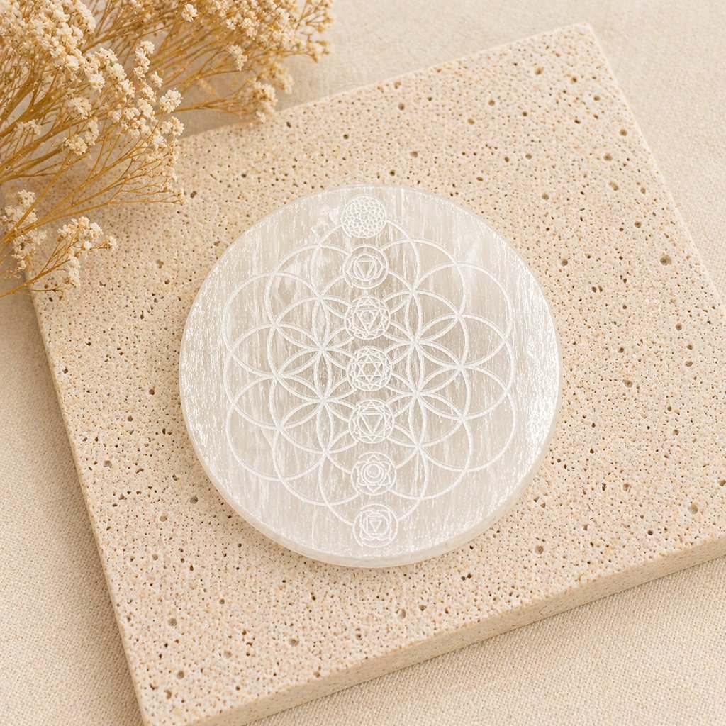 placa-selenita-7-chakras Placa de Selenita natural con símbolos 7 chakras