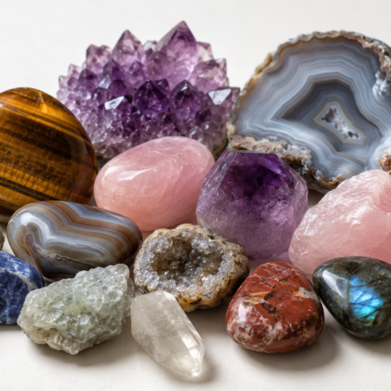 Colección de minerales naturales, ojo de tigre y ágatas pulidas sobre fondo claro.