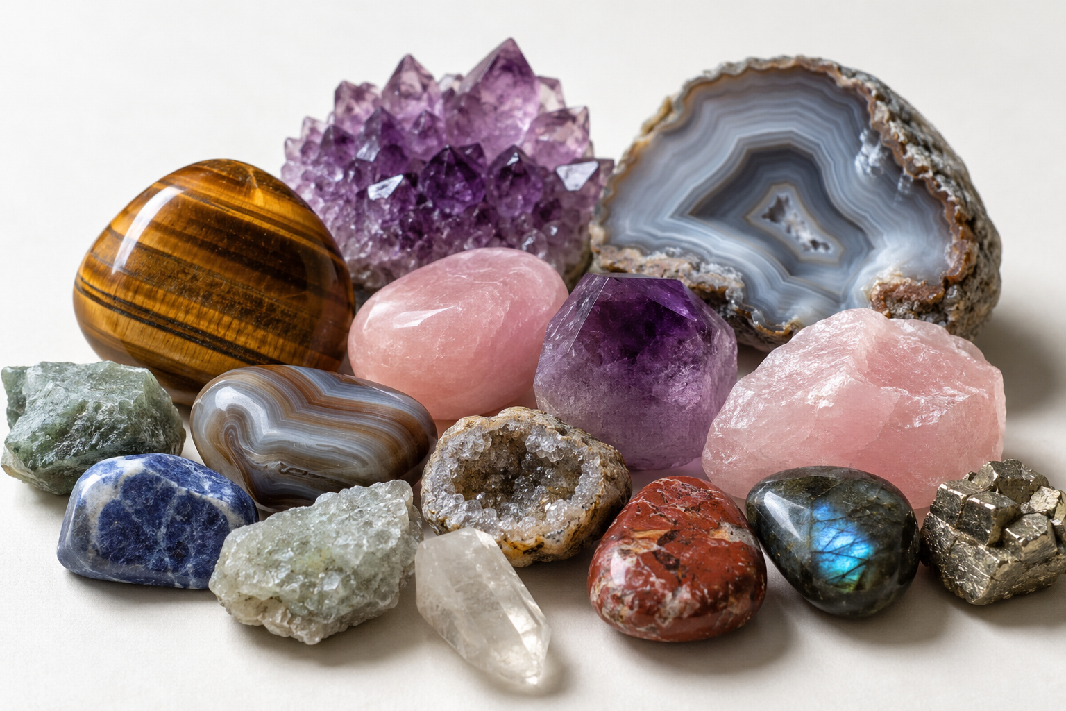 Colección de minerales naturales, ojo de tigre y ágatas pulidas sobre fondo claro.