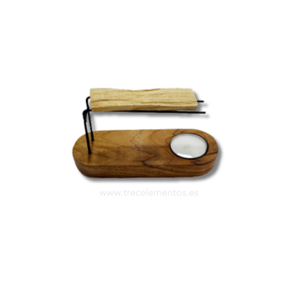 Quemador de madera para palo santo y ataditos con soporte metálico y espacio para vela