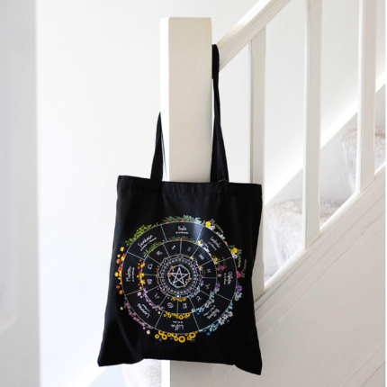 Bolsa tote negra con diseño de rueda astrologica multicolor