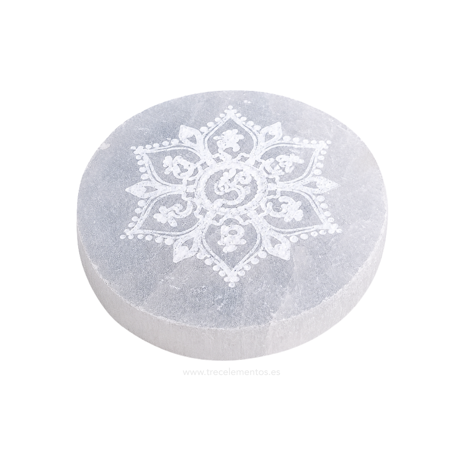 base selenita flor Base Redonda de Selenita Flor de la Armonía 7 cm