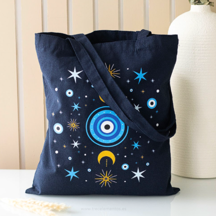 Bolsa tote azul con diseño de Ojo Turco y simbolos celestiales