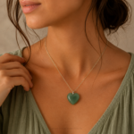 Colgante corazon de aventurina verde natural con cadena plateada