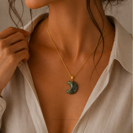Colgante luna creciente de labradorita natural con cadena dorada