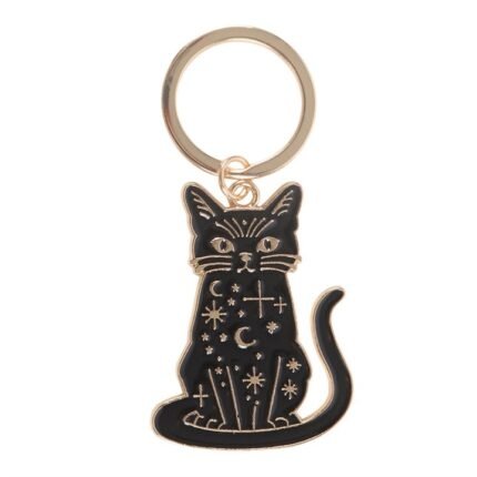 Llavero gato negro protector con lunas y estrellas