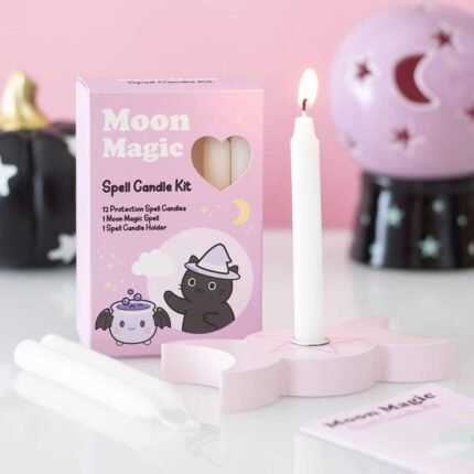 Set Moon Magic con velas blancas, portavelas y ritual de magia lunar